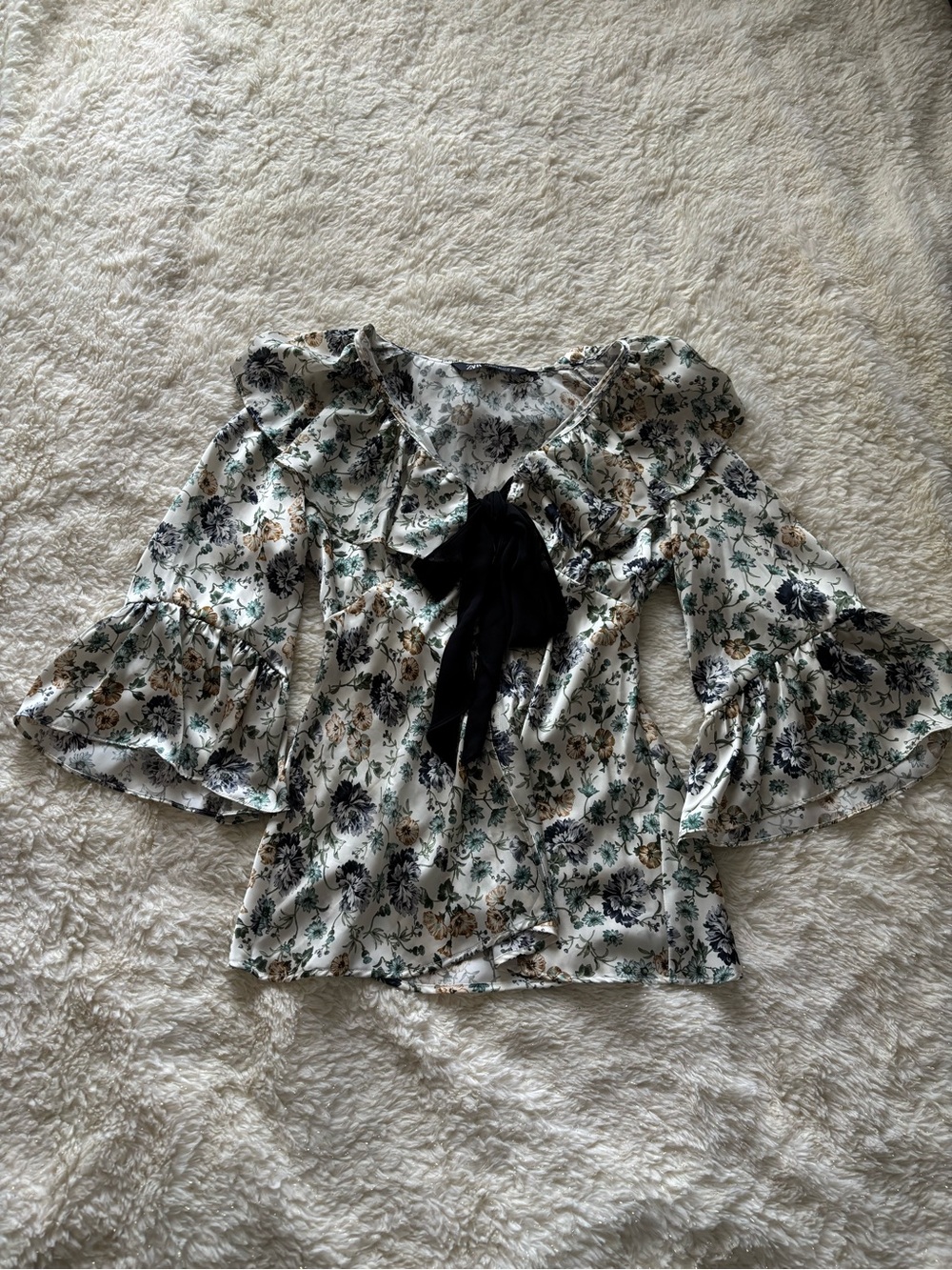 Zara Floral Ruffle Tie-Neck Blouse in White with Black and Green Accents